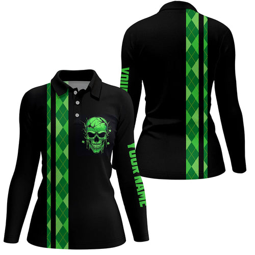 Personalized green argyle plaid skull Womens golf polo shirts, custom black golf apparel for ladies NQS7269