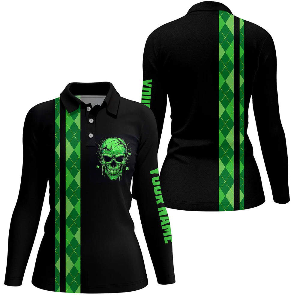 Personalized green argyle plaid skull Womens golf polo shirts, custom black golf apparel for ladies NQS7269