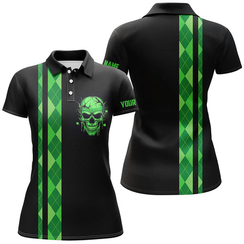 Personalized green argyle plaid skull Womens golf polo shirts, custom black golf apparel for ladies NQS7269