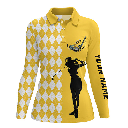 Personalized white argyle plaid pattern Womens golf polo shirts, custom Yellow golf apparel for ladies NQS7271