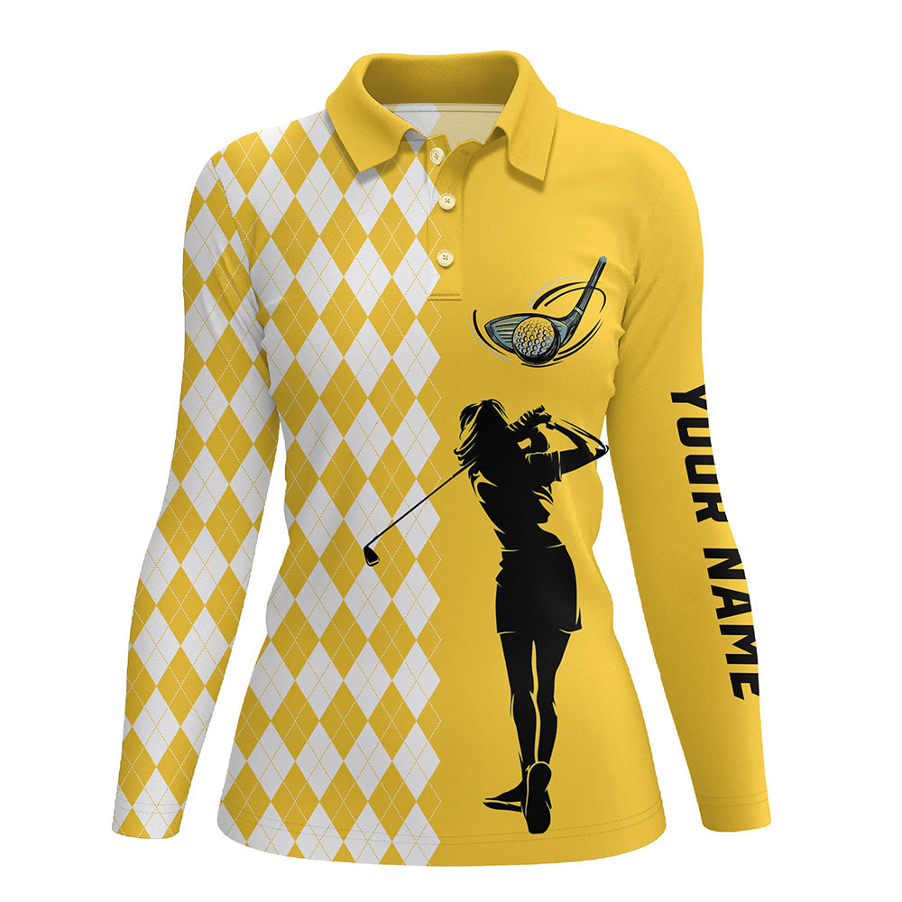 Personalized white argyle plaid pattern Womens golf polo shirts, custom Yellow golf apparel for ladies NQS7271