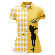 Load image into Gallery viewer, Personalized white argyle plaid pattern Womens golf polo shirts, custom Yellow golf apparel for ladies NQS7271