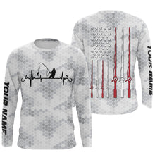 Load image into Gallery viewer, Fishing Heartbeat American flag fishing rod custom name Long Sleeve performance Fishing Shirts jerseys NQS4533
