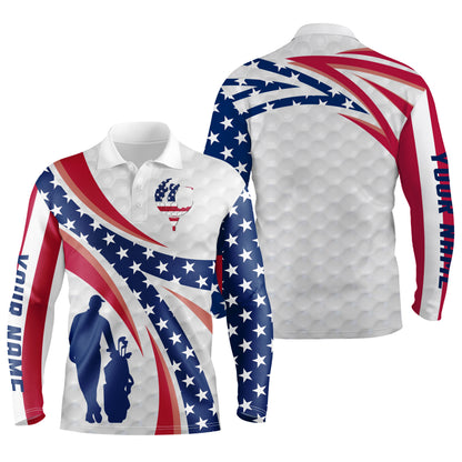 Personalized golf polo shirts American flag white custom name mens long sleeve golf tops, golfing gift NQS3462