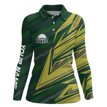 Load image into Gallery viewer, Women bowling polo shirts Custom green yellow camo Bowling Team Jersey, gift for team Bowlers NQS6380