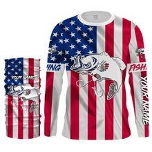 Load image into Gallery viewer, Largemouth Bass fishing American flag patriotic 4th July Customize long sleeves fishing shirt NQS1957