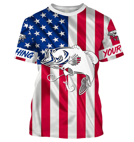 Largemouth Bass fishing American flag patriotic 4th July Customize long sleeves fishing shirt NQS1957