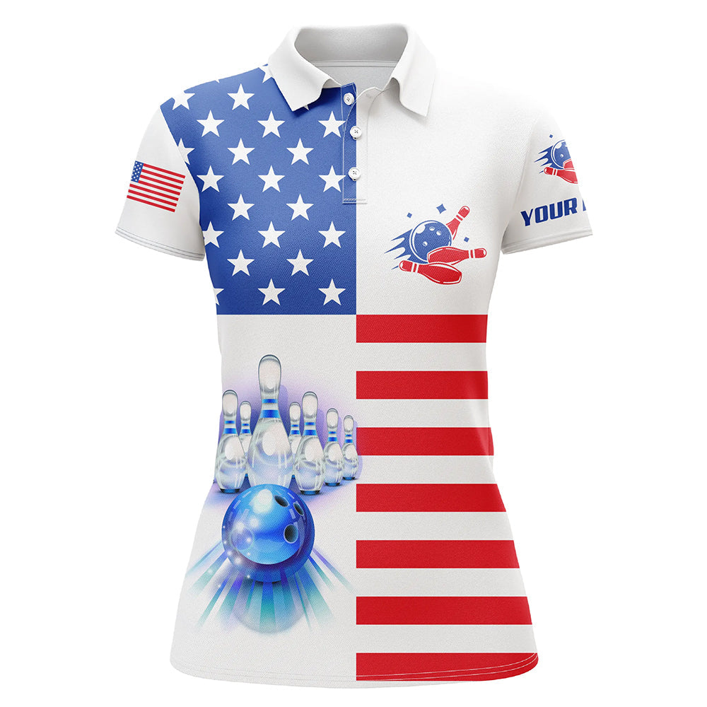 Women bowling polo shirts Custom American flag patriotic Bowling Team Jersey, customize bowling shirts NQS6384