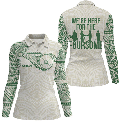 Green tribal pattern Womens golf polo shirt custom name We're here for the foursome golf apparel NQS6624