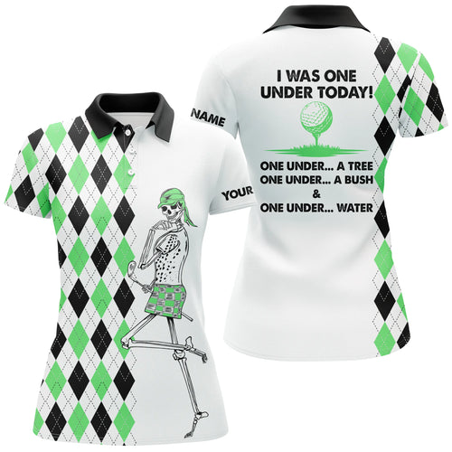 Golf skull green argyle plaid pattern women golf polo shirts custom I was one under today tree, bush NQS4946