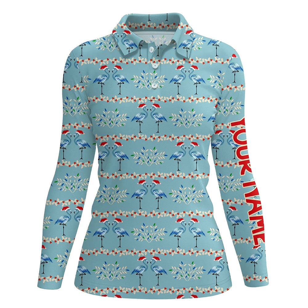 Womens golf polo shirt custom blue Christmas flamingo pattern golf shirt for women, Christmas gifts NQS6652