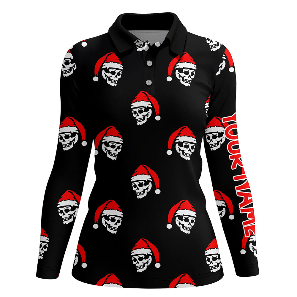 Black Womens golf polo shirt custom Skull Santa Christmas pattern golf shirt for women, golf gifts NQS6654