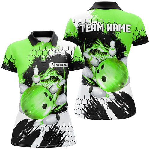 Green Flame bowling ball and pins jerseys Custom Team League Bowling Polo Shirts For Women NQS7163
