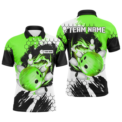 Green Flame bowling ball and pins jerseys Custom Team League Bowling Polo Shirts For Men NQS7163