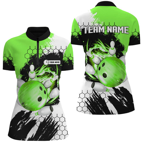 Green Flame bowling ball and pins jerseys Custom Team League Bowling Quarter Zip Shirts For Women NQS7163