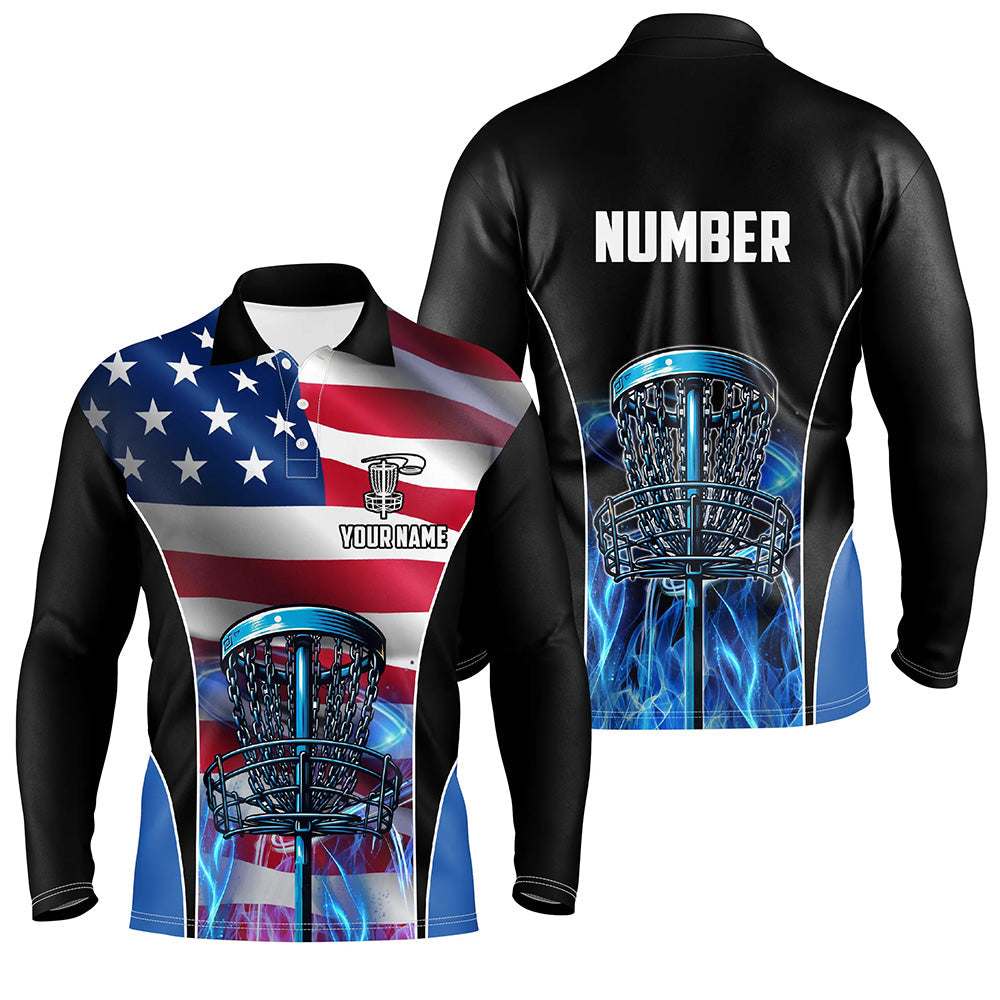 American flag Disc golf basket patriotic Men polo shirts custom blue fire disc golf tops for mens NQS7315