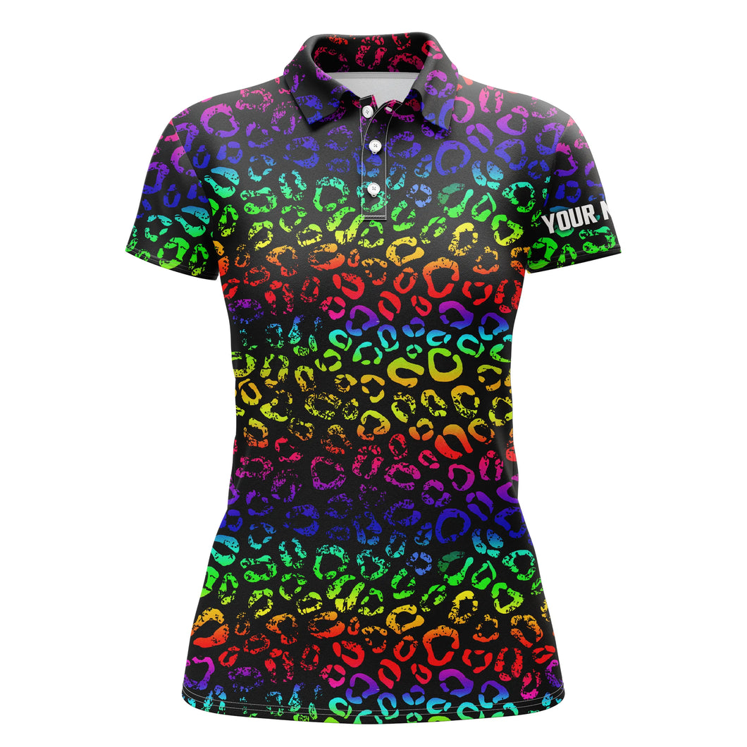 Colorful neon Rainbow leopard custom Womens golf polo shirts, team golf shirt gift for golf lovers NQS4987