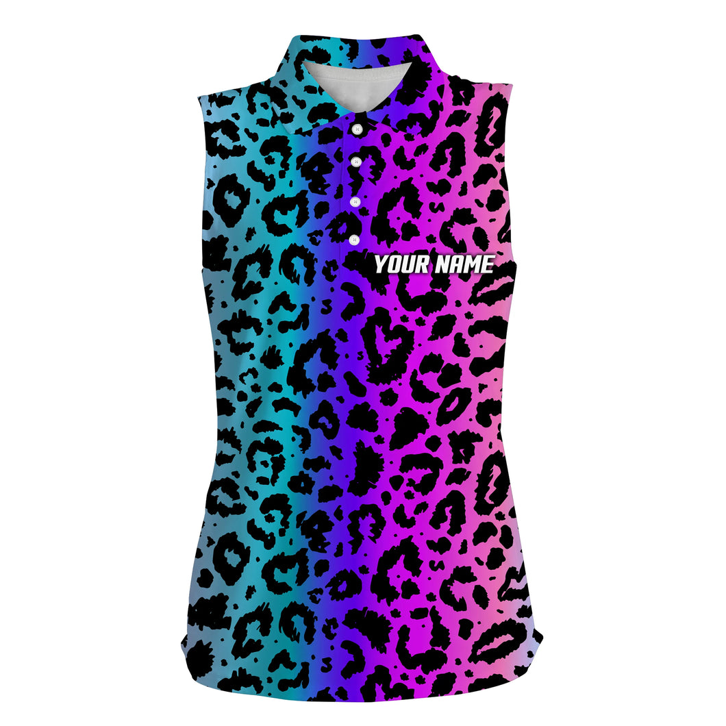 Colorful neon gradient leopard print pattern golf shirt custom ladies sleeveless golf polos NQS4990