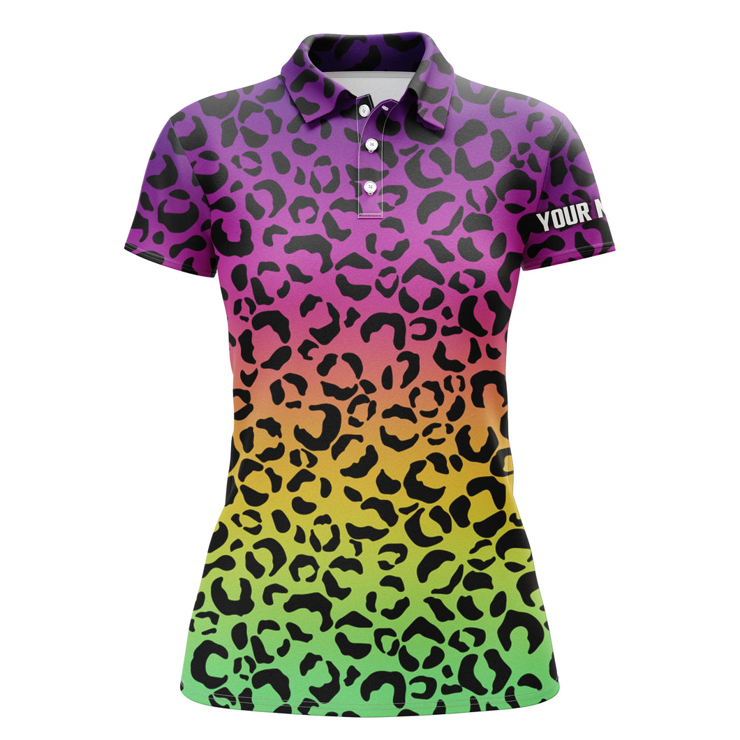 Womens golf polo shirts neon rainbow leopard pattern golf shirt custom golf polo for woman NQS4993