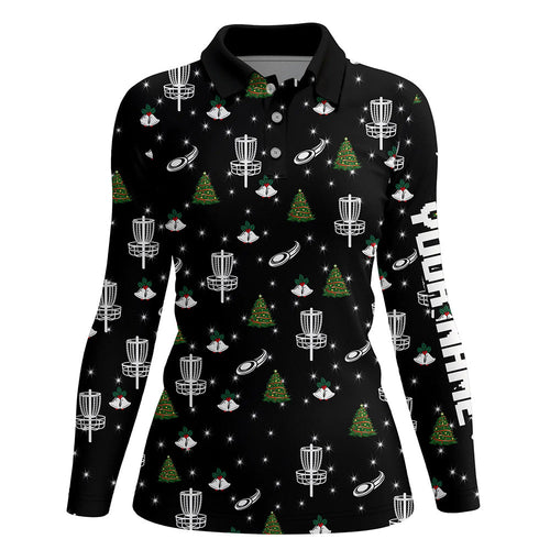 Womens golf polo shirt custom black Christmas pattern disc golf shirt for women, disc golf jerseys NQS6664