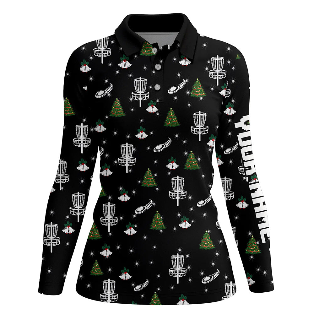Womens golf polo shirt custom black Christmas pattern disc golf shirt for women, disc golf jerseys NQS6664