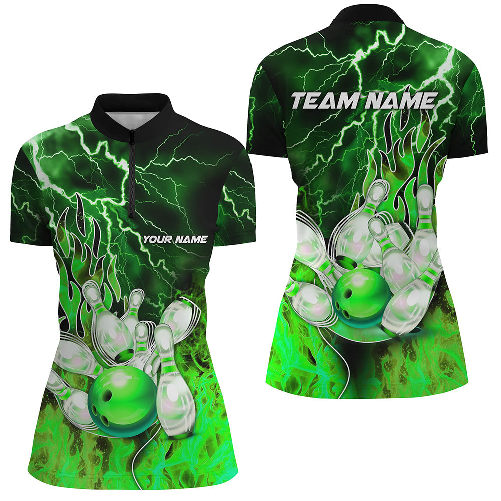 Women Bowling Quarter Zip Shirt Custom green lightning thunder Bowling Team Jersey, gift for Bowlers NQS7065