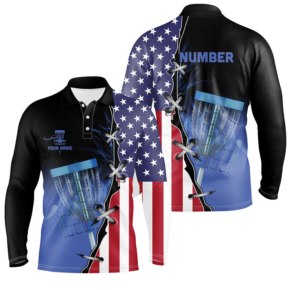 Blue flame Mens Disc golf polo shirts custom American flag disc golf jerseys, disc golf shirts NQS7330