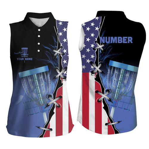 Blue flame Women sleeveless polo shirts custom American flag disc golf jerseys, disc golf shirts NQS7330