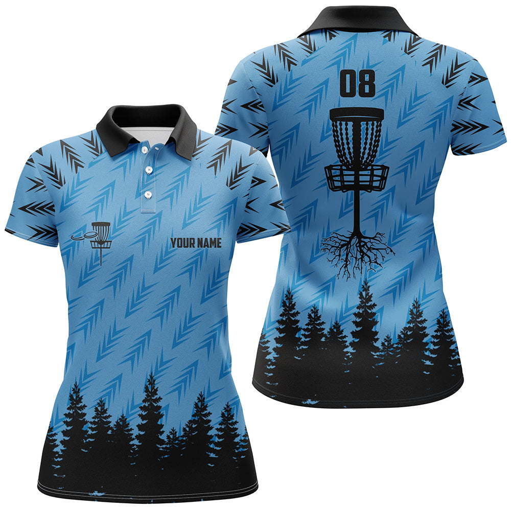 Womens disc golf polo shirt custom disc golf basket camo Woods lady disc golf jerseys | Blue NQS6438