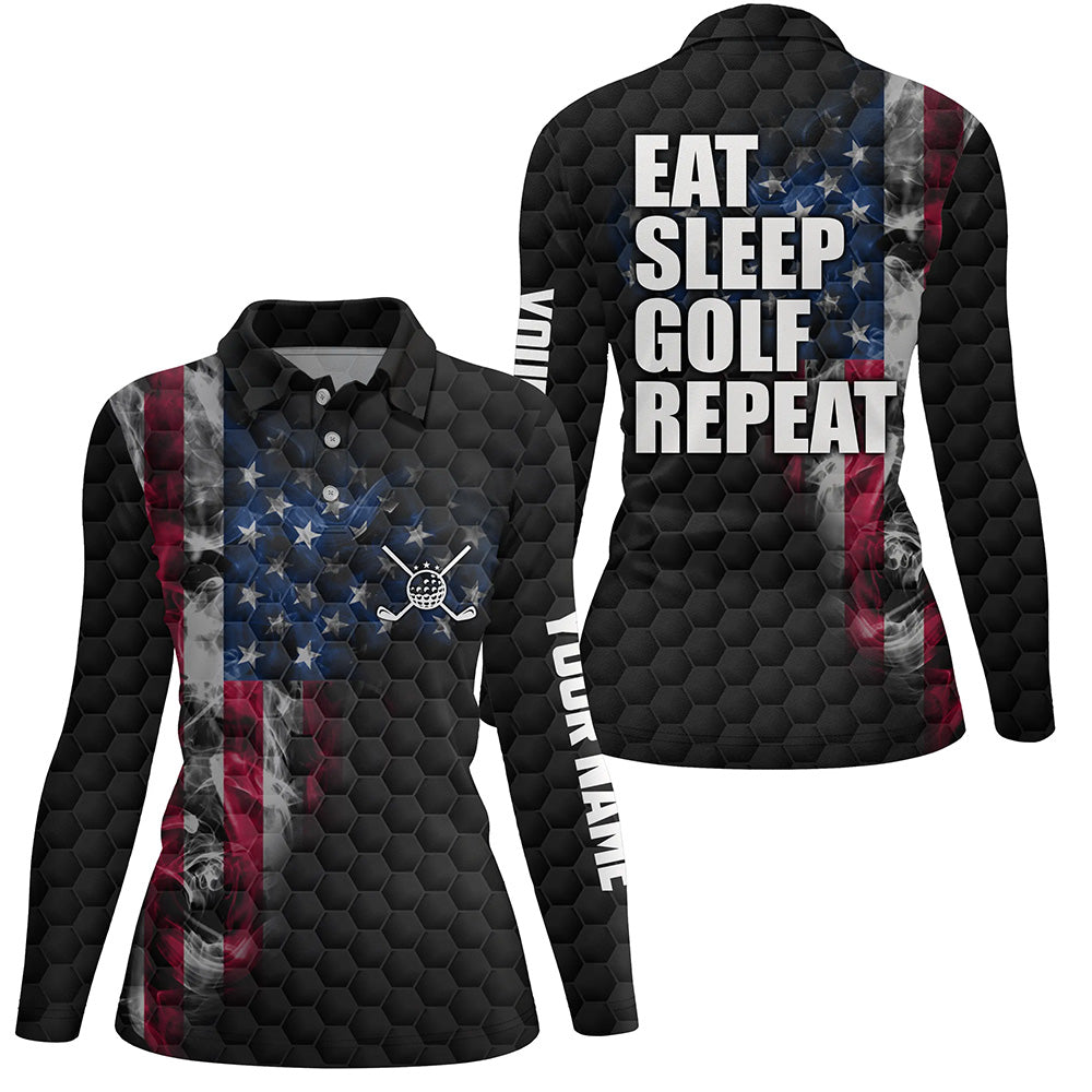 Black Womens golf polo shirts custom smoke American flag golf jerseys, patriotic ladies golf tops NQS6686