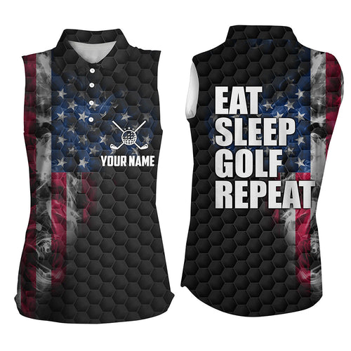 Black Womens sleeveless polo shirt custom smoke American flag golf jerseys, patriotic ladies golf tops NQS6686