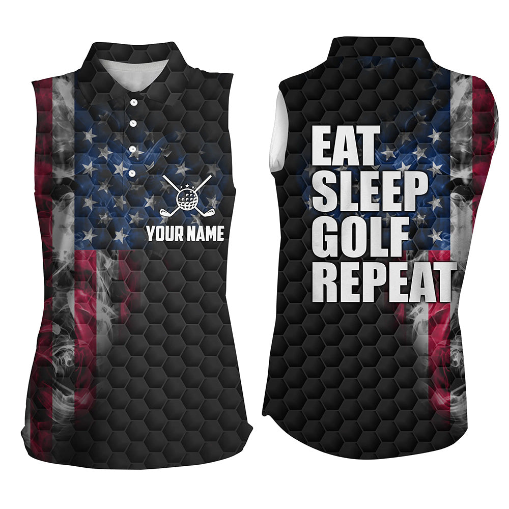 Black Womens sleeveless polo shirt custom smoke American flag golf jerseys, patriotic ladies golf tops NQS6686