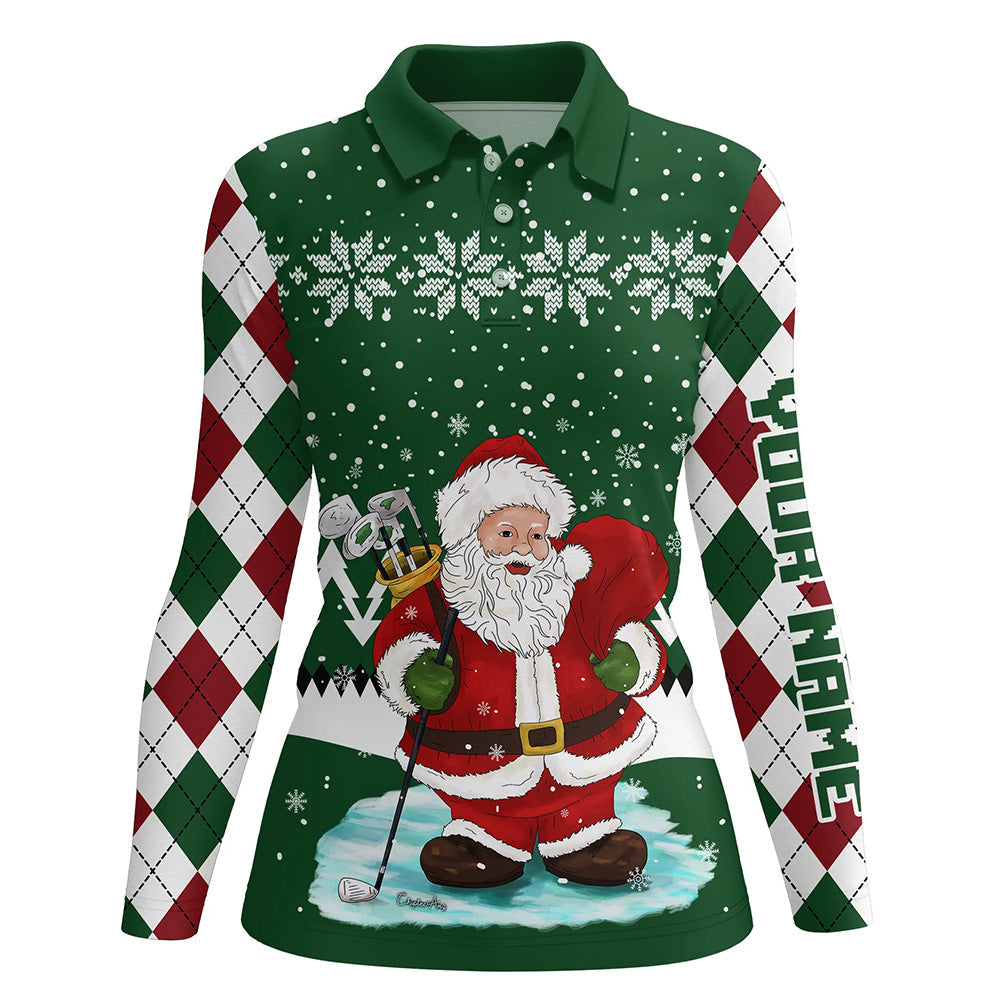Ugly Christmas green argyle pattern golf shirt custom Womens polo shirt Santa Golfer Christmas gift NQS6891