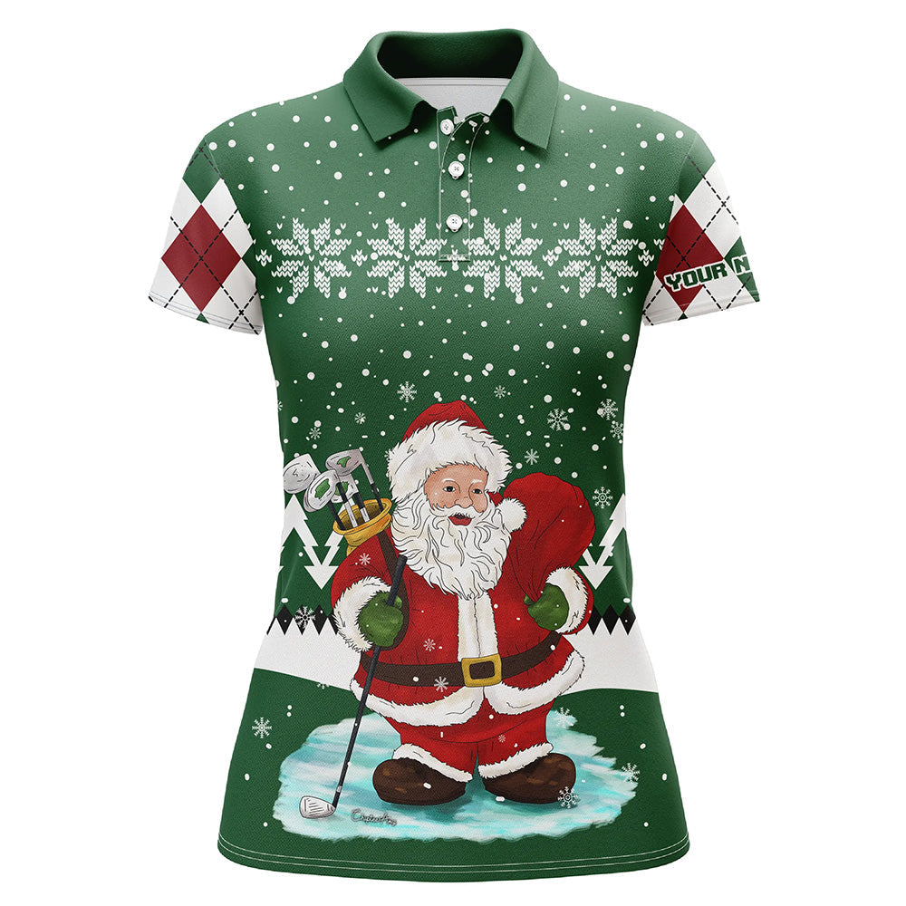 Ugly Christmas green argyle pattern golf shirt custom Womens polo shirt Santa Golfer Christmas gift NQS6891
