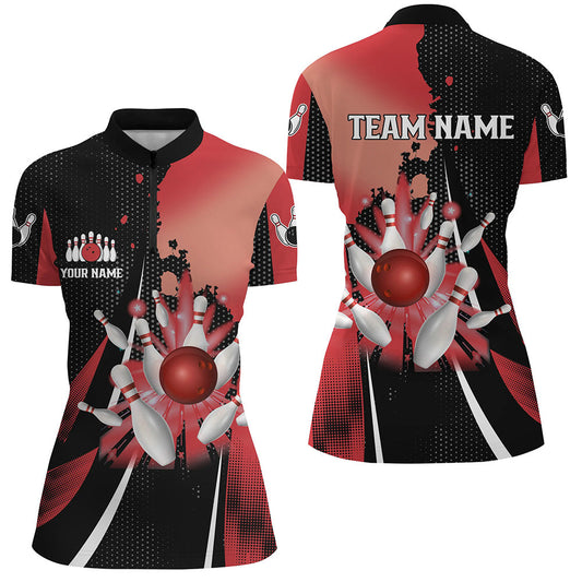 Black and red retro Womens Quarter Zip shirts Custom bowling ball and pins Team bowling Jerseys NQS7336