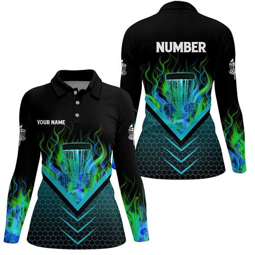 Black and green fire Womens Disc golf polo shirts custom flame disc golf basket jerseys NQS7337