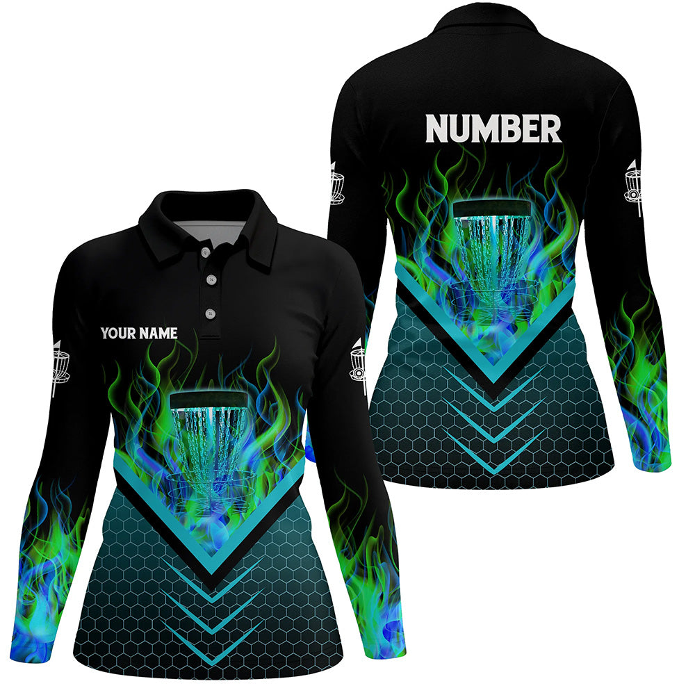 Black and green fire Womens Disc golf polo shirts custom flame disc golf basket jerseys NQS7337