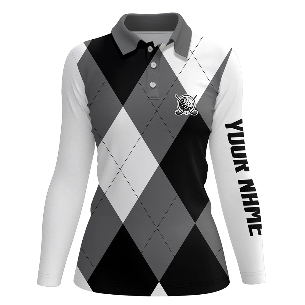 Womens golf polos shirts custom name black and white golf pattern, personalized golf gifts NQS6454