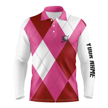 Load image into Gallery viewer, Mens golf polos shirts custom pink and white golf argyle plaid pattern, personalized golf gifts NQS6455