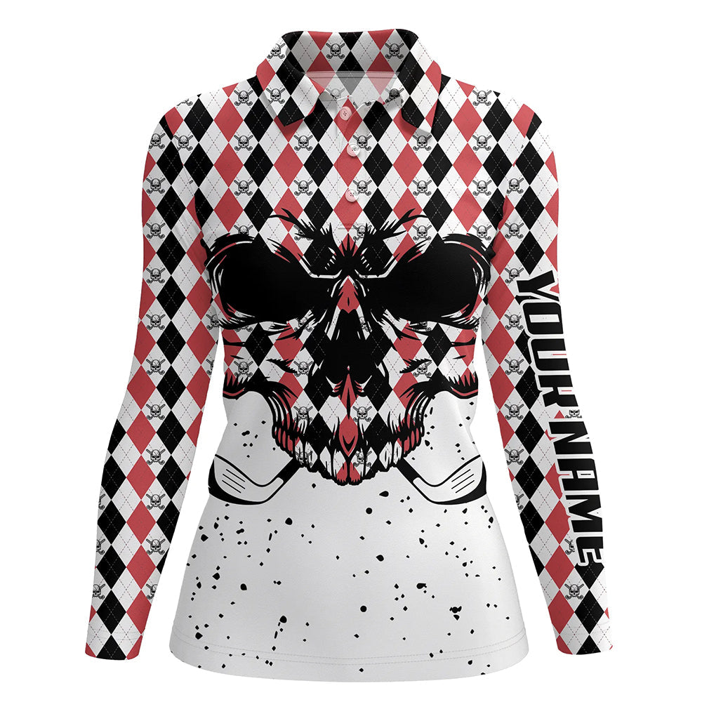 Black Red agryle pattern Womens golf polo shirts custom Golf skull clubs golf attire for women NQS6909