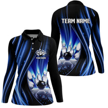 Load image into Gallery viewer, Blue and black light Women Bowling Polo Shirt Custom bowling league jerseys, personalized bowling gift NQS7082
