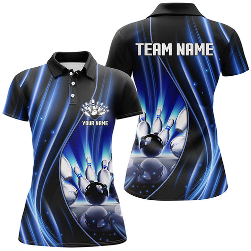 Blue and black light Women Bowling Polo Shirt Custom bowling league jerseys, personalized bowling gift NQS7082