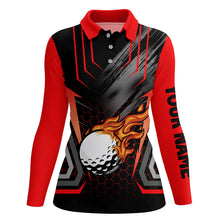 Load image into Gallery viewer, Black and red golf ball fire Womens golf polo shirt custom name golfing gifts, ladies golf tops NQS7087