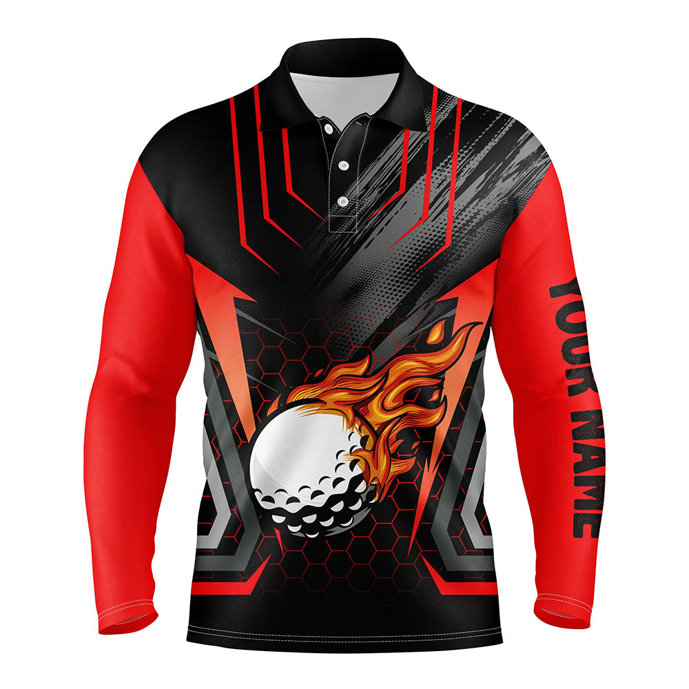 Black and red golf ball fire Mens golf polo shirts custom golfing gifts, best mens golf tops NQS7087