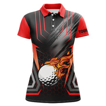 Load image into Gallery viewer, Black and red golf ball fire Womens golf polo shirt custom name golfing gifts, ladies golf tops NQS7087