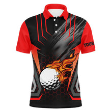 Load image into Gallery viewer, Black and red golf ball fire Mens golf polo shirts custom golfing gifts, best mens golf tops NQS7087