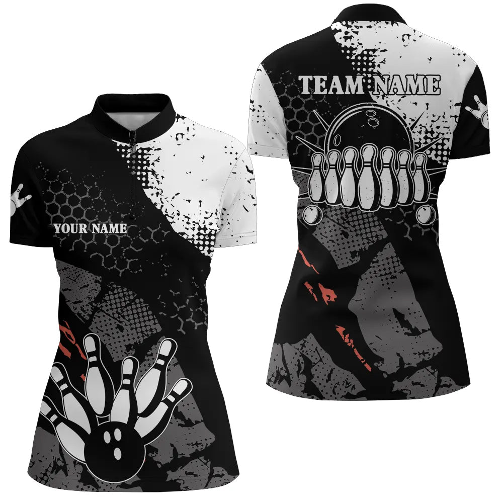 Black and white Womens bowling Quarter Zip shirt Custom retro bowling ball pins bowling team jerseys NQS6264