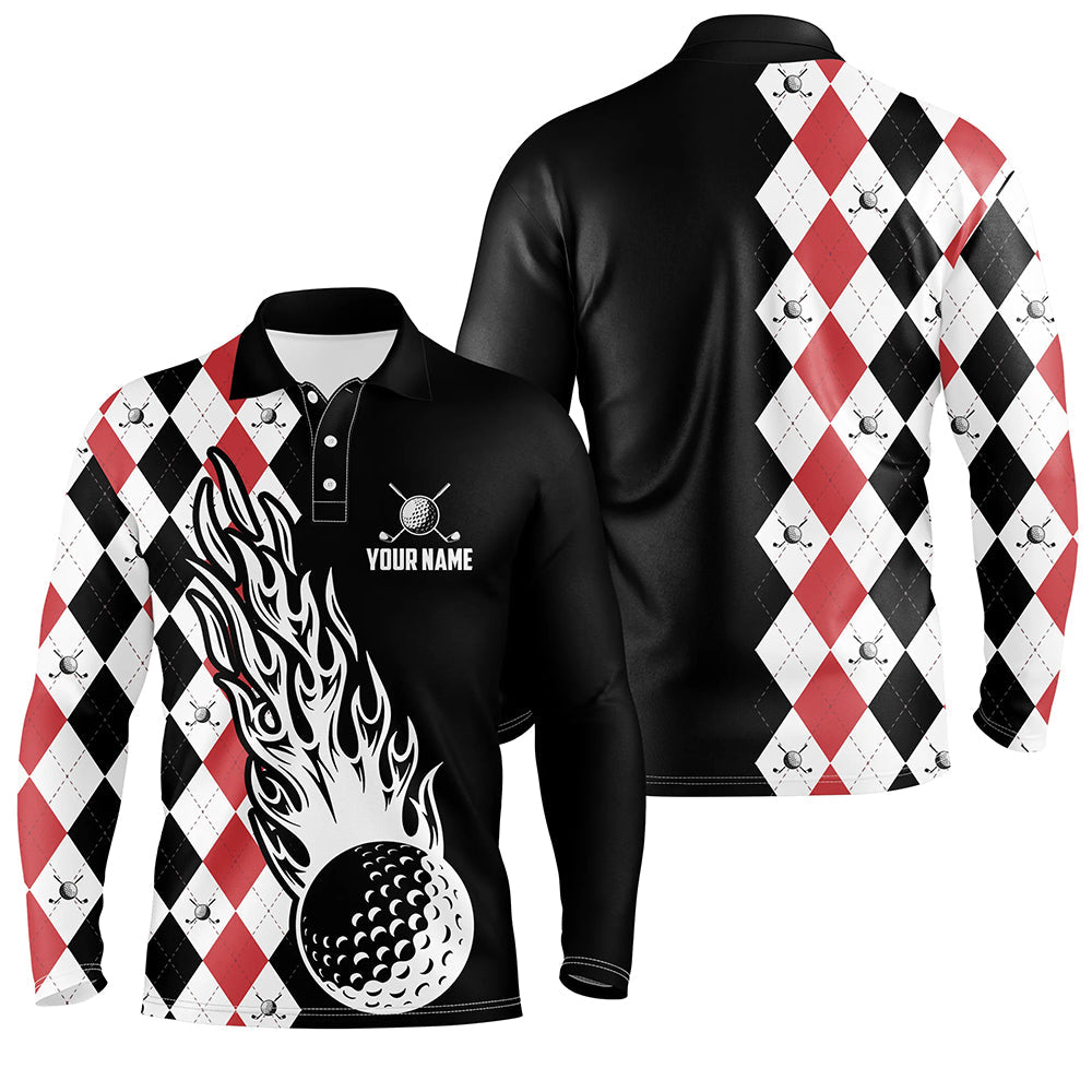 Mens golf polo shirts custom black and red argyle pattern golf ball fire cool men's golf shirt NQS6932