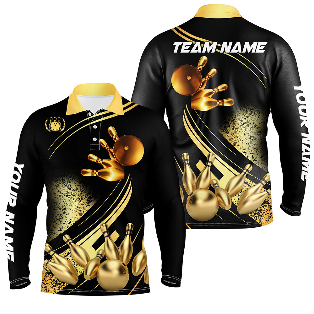 Black and Gold Mens Bowling polo shirts custom bowling apparel team bowling jerseys, bowling gifts NQS7222