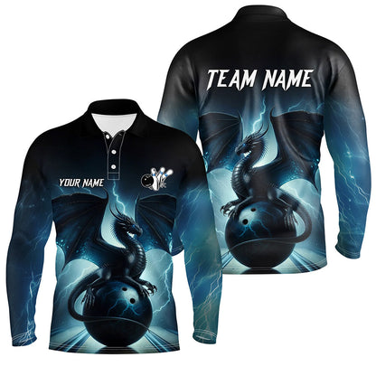 Dark Blue Lightning Thunder Custom Dragon Mens Bowling polo shirts, Team Bowling League Jerseys NQS7228